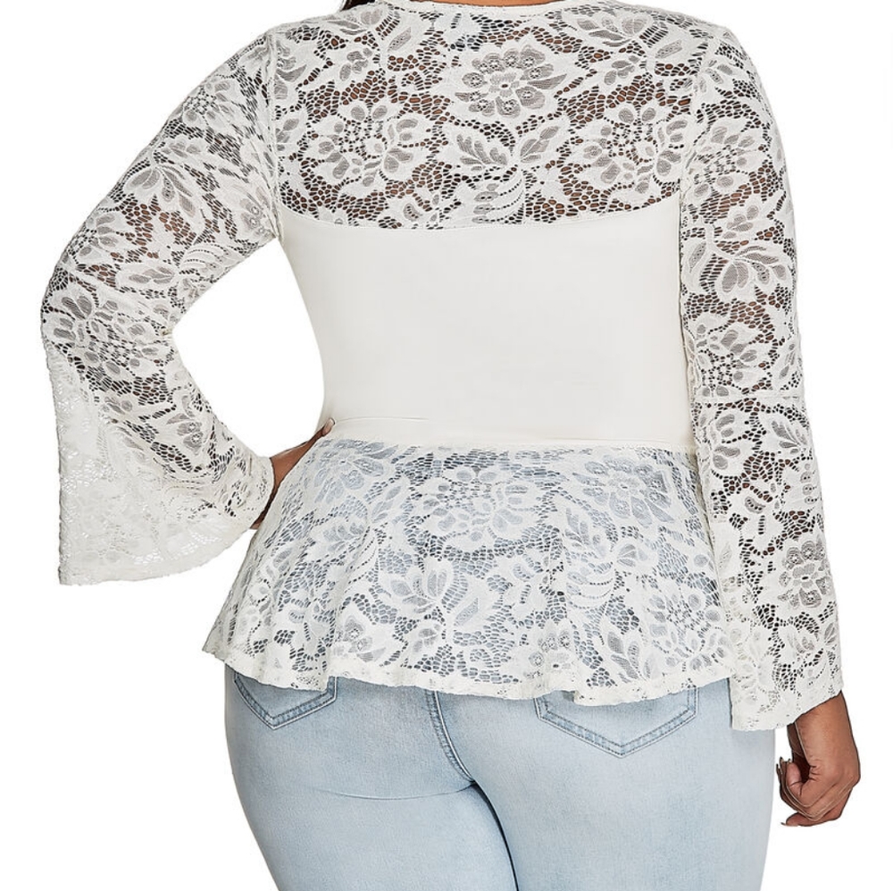 Ashley Stewart Lace Peplum Top 30/32 – Ivory Sheer Floral Lace Bell Sleeve Blous